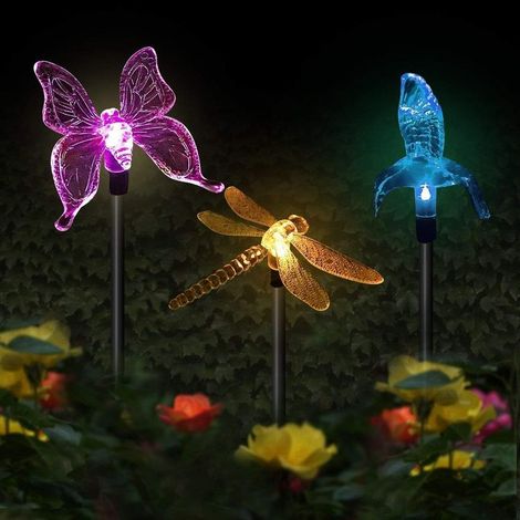 Lot de 3 lampes solaires LED multicolores – Formes papillon, colibri, libellule – Éclairage automatique 8h – Piquets en acier inoxydable (1/5)