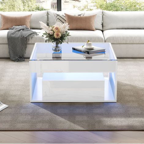 Mesa de centro de MDF blanco y vidrio templado 70 x 70 cm con 2 cajones y LED (1/5)