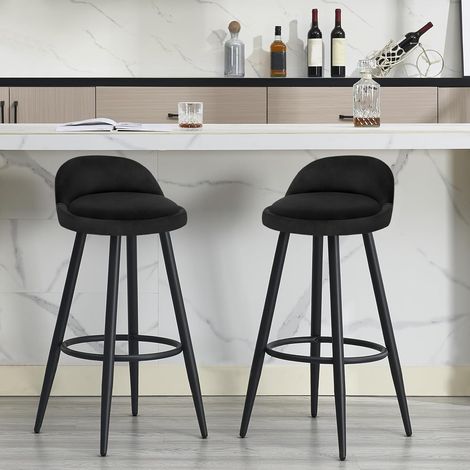 WOLTU 2x Taburete de Bar, Silla de Cocina, Respaldo Alto con Reposapiés, Terciopelo y Metal, Negro