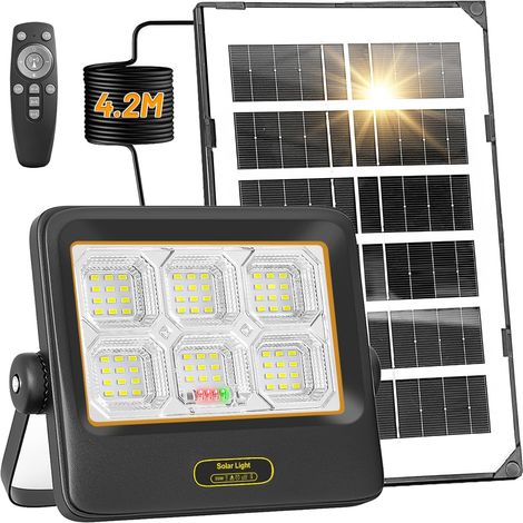 Projecteur Solaire LED d’extérieur 200W avec Panneau Solaire, IP67 Lampe Solaire exterieur avec Télécommande,4.2M Câble,pour Jardin,Garage