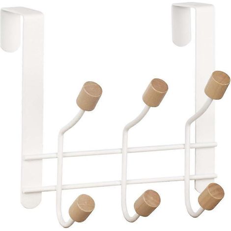 Patère de porte, cadre en métal robuste avec 6 crochets en bois pour suspendre manteaux, chapeaux, robes, serviettes, porte de salle de bain ou de chambre - Blanc (1/4)