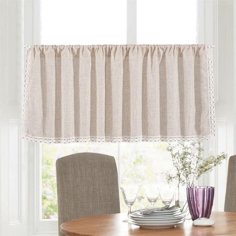 Kurze Boho-Leinengardinen für Café, mit Stangendurchzug, Küchenfenstergardinen zur Dekoration von Wohnzimmer und kleinem Schlafzimmer, Beige, 1 Stück, 150 x 45 cm (1/4)