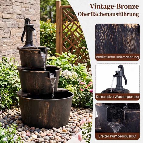3-Tier Garden Fountain, Wood Barrel Design, Adjustable Pump (1/5)