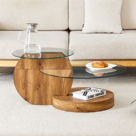 Table basse 89,9x50,8x43,2 cm transparente effet bois – rangement multicouche verre trempé MEUBLIV (1/5)