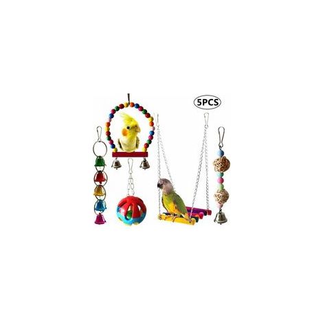 Ensemble de 5 jouets pour oiseaux : balançoire, échelle, cloche, à mâcher, coloré – (1/5)