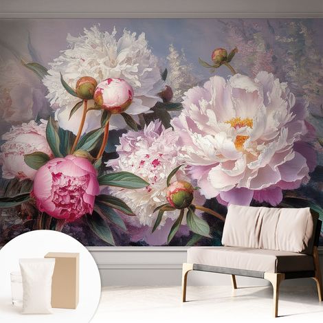 Papier peint intissé pour salon chambre à coucher peint imprimé Installation facile - Colle incluse gratuite Bouquet de pivoines 312x219 cm (1/5)