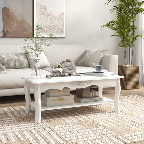 Table basse avec grande étagère inférieure en bois. 94 x 44 x 43 cm. Blanche. (1/5)