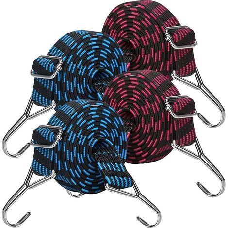 Cordon élastique réglable en 4 pièces, cordon élastique avec crochet, cordon élastique plat, idéal pour le transport de marchandises, vélo, moto, voiture, cordon de camping