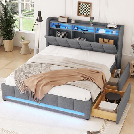 letto contenitore 140x200 LED USB con cassetti grigio OKMYHOME (1/5)