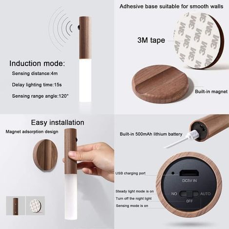 Applique murale sans fil LED en bois avec batterie, applique intérieure avec détecteur de mouvement, fonctionne sur batterie, rechargeable par USB, magnétique, blanc chaud noyer (1/4)