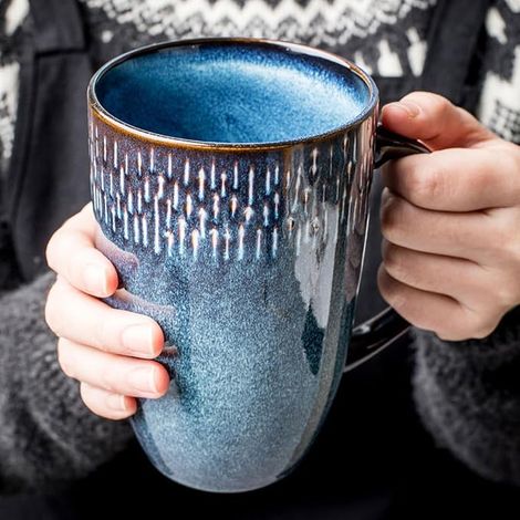 Tasse à café en céramique, grande tasse au lait, tasse à thé, glaçure lisse pour céréales Cappuccino Latte au cacao, passe au lave-vaisselle et au micro-ondes Bleu (1/5)
