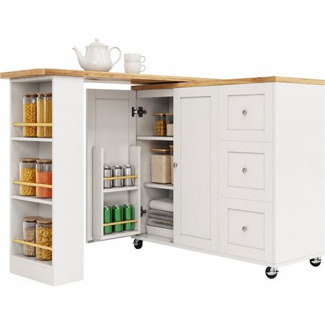 Îlot de cuisine pivotant 360° sur roulettes, 3 tiroirs, range-snacks, MDF blanc, meuble bar multifonction gain de place pour cuisine et salon - CHICFURN (1/5)