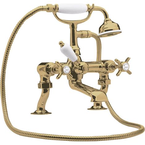Nuie Beaumont Luxury Cranked Bath Shower Mixer Tap Deck Mounted - Brushed Brass