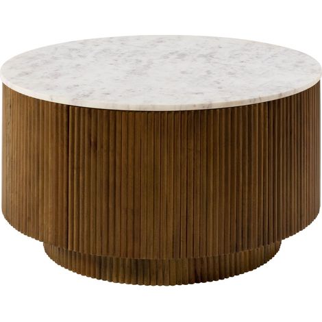 Couchtisch rund Mango 80x80x45 braun lackiert / Marmor weiß BARCELONA 220