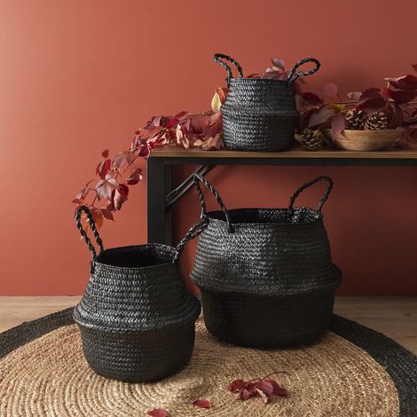 Lot De 3 Paniers - Home Deco Factory - Arrondis - Jonc De Mer - Noir