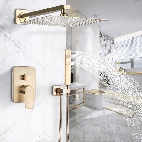 Concealed Shower System with 12 Inch Shower Head and Handheld Bathroom Brushed Golden Shower Set Contain Shower Faucet Mixer Brush Gold Trim Kit (1/5)
