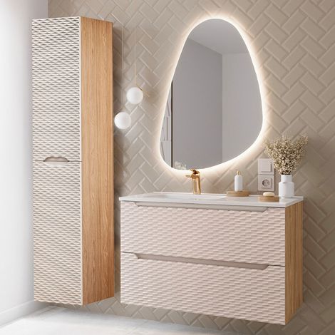 Conjunto de muebles con lavabo individual encastrado lado izquierdo 90cm y columna Elora Beige y madera (1/4)