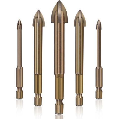 Foret à verre, outil de perçage universel et performant, foret cruciforme multifonctionnel en carbure, 5 forets à carrelage, kit de forets pour carrelage en béton (1/5)