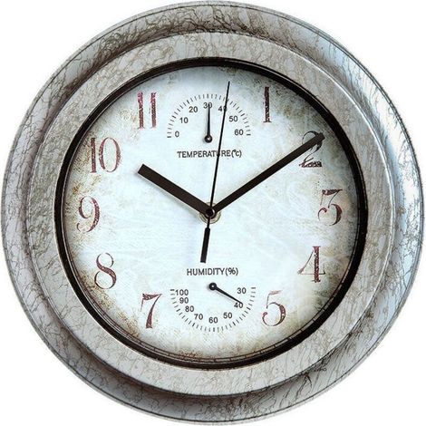 Wasserdichte Außenuhr mit Thermometer und Hygrometer, geräuschlose Metallwanduhr ohne Ticken, batteriebetriebene Uhr für Pool, Garten, Terrasse, Zaun, Veranda (1/4)