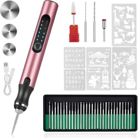 Stylo graveur électrique 37 bits, machine à graver sans fil rechargeable par USB, adaptée à la gravure de bijoux, de bois, de verre et de pierre (rouge rose). (1/5)
