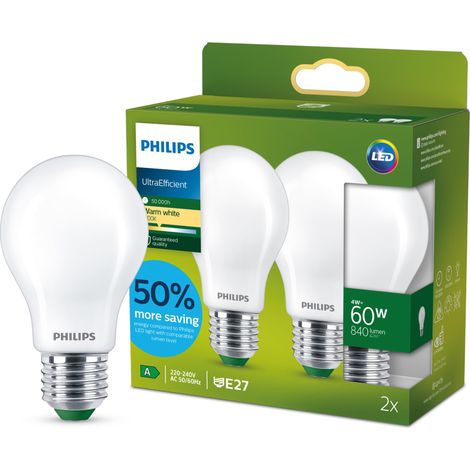 ampoule LED Ultra Efficient classe A, culot E27, dépolie, équivalent 60W, blanc chaud 2700K, verre, lot de 2 (1/5)