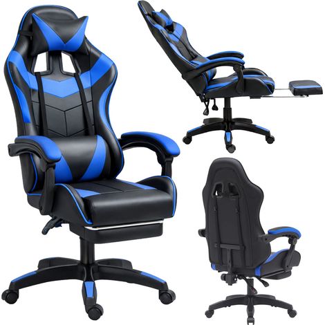 Fauteuil de bureau pivotant LEAN pour gamer, avec repose-pieds et coussins, noir et bleu (1/5)