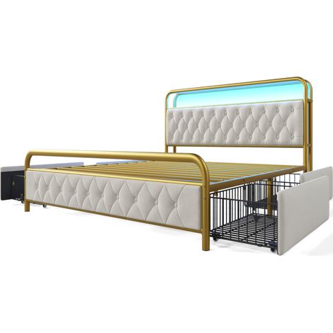 Cama de metal de 160 x 200 cm, cabecero multifuncional con LED blanco, carga USB tipo C integrada y 4 cajones, ideal para adolescentes y adultos (colchón no incluido). (1/5)