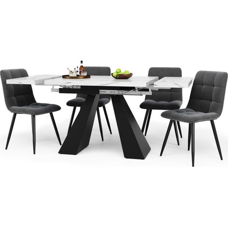 Ensemble table extensible aspect marbre pour 4 personnes et 4 fauteuils velours gris,cadre de table design noir moderne.