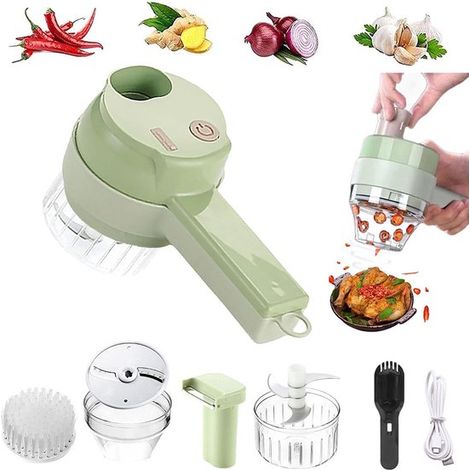 Hachoir à légumes 4 en 1 - Hachoir électrique - Multifonctionnel - Sans fil - Avec trancheuse, hachoir à viande, éplucheur et brosse de nettoyage - Pour ail, poivre, piment, céleri, gingembre, viande  (1/5)