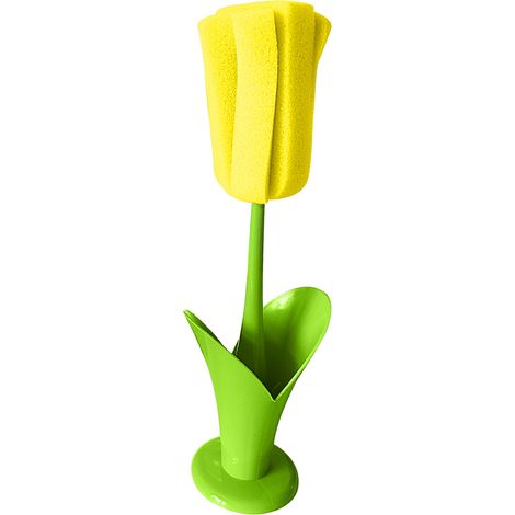 Brosse Éponge Bouteille Manche Long Design Fleur Éponge Douce Amovible pour Cuisine Bureau Jaune (1/5)