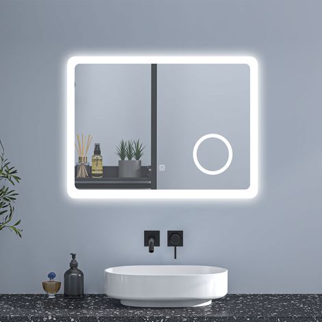 80 x 60 cm Badspiegel Wandspiegel Badezimmerspiegel LED Touch Beleuchtung Beschlagfrei+Kosmetikspiegel+3 Farben Dimmbar+LED Memory Funktion (1/5)