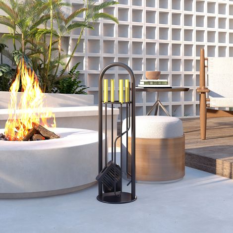 Juego de Utensilios para Chimenea de 5 Piezas de Metal con Escoba Pala Tenazas Atizador y Soporte 20x20x71 cm Dorado (1/5)