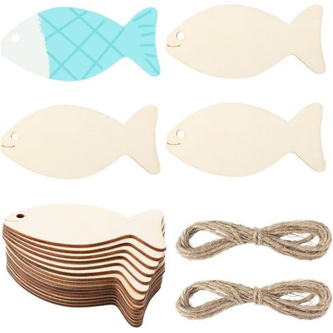 Poisson en Bois Brut Tranches de Bois Vierges Découpées avec Trou Étiquettes Cadeaux en Bois en Forme de Poisson avec 2 Cordes de Chanvre de 2m,Plage D'Été Le Nautique Noël (1/5)