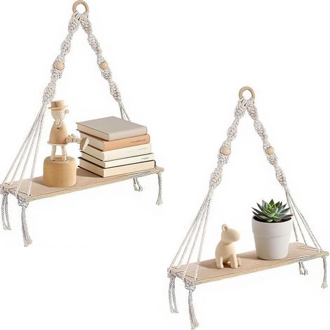 2 Pièces Etagere Murale Bois Macramé, Étagère Murale Étagères à Corde en Bois, Deco Murale Boheme, Etagere Suspendue, Étagère en Macramé Faite à la Main, pour Chambre, Salon, Dortoir (1/5)