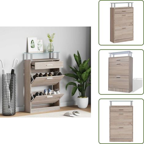 Schuhschrank mit Schubfach & oberes Glasregal Holz Eichenoptik - Holz Schuhschrank - Schuhschrank Mit Schubfach - Eichenoptik - Schuhregal - Garderobe (1/5)