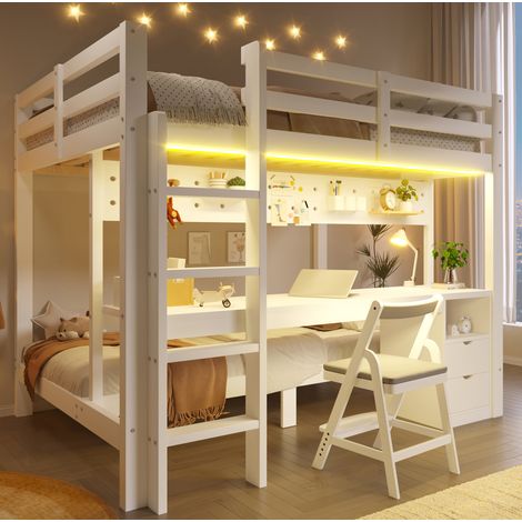 Kinder-Hochbett 90x200/140x200 aus Kiefer mit Schreibtisch, Schubladen, LED HAVRYA (1/5)