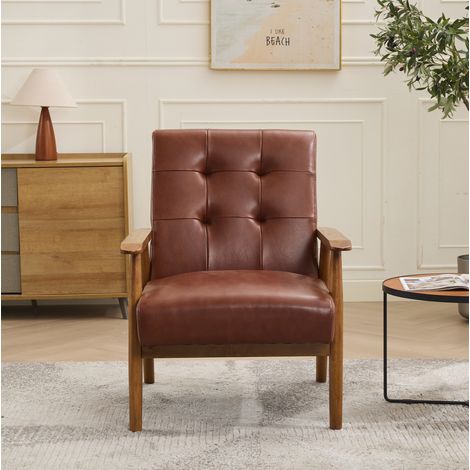 Fauteuil lounge 64x80x83 cm marron, accoudoirs en bois, cuir, prêt à l'emploi MEUBLIV (1/5)