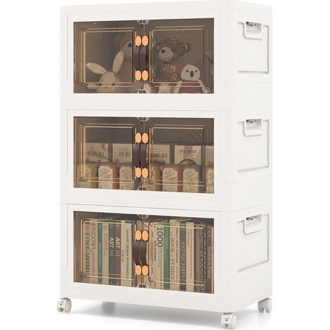 GOPLUS Boîte de Rangement Empilable-3 Bacs de Armoire avec Roues Verrouillables-Commode Pliable en PP avec Portes-49,5x31,5x86cm (1/5)