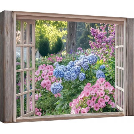 Peinture Murale sur toile fentre jardin fleurs pour chambre salon cuisine 120x80 (1/3)