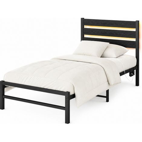 Cadre de lit 90x200 cm en métal avec LED RGB, rangement sous le lit, tête de lit effet bois et structure silencieuse, noir – CHICFURN (1/5)