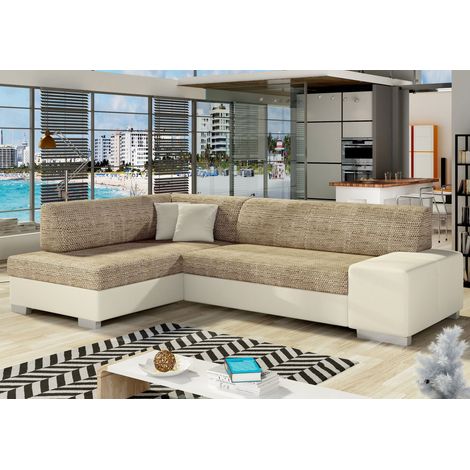 Canapé convertible angle gauche simili cuir beige et tissu beige clair chiné Polky 272cm (1/5)