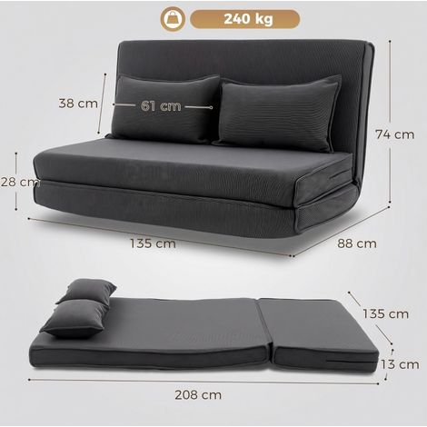 Schlafsofa 135 x 208 cm mit verstellbarer Rückenlehne, 2 Kissen, dunkelgrauer Cordstoff OKMYHOME (1/5)