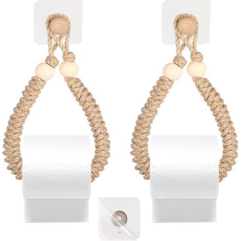 Lot de 2 porte-papier toilette sans perçage - Rétro - Corde de jute autocollante - Sans perçage - Pour toilettes, salle de bain, décoration industrielle (1/4)