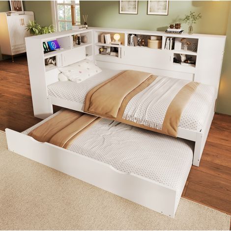 Cama nido 90/200 cm blanca con cama extraíble, almacenaje y USB (1/5)