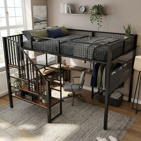 Lit mezzanine 140x200 cm en métal noir, bureau d’angle L, gain de place, sans matelas – MEUBLIV (1/5)