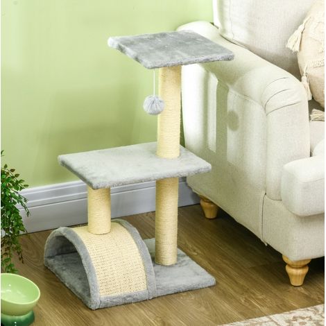 Arbre à chat en sisal et peluche gris clair, modèle multilevel avec plateformes, jeu et repos, 40 x 35 x 72 cm (1/5)
