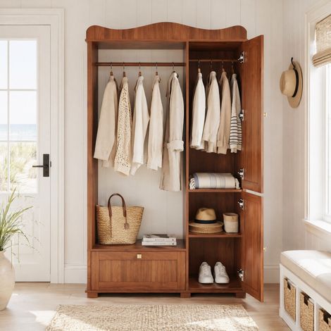 Armadio aperto con specchio, 115,5 x 38,5 x 194,5 cm, MDF effetto noce, 2 ante e cassetti, OKWISH (1/5)