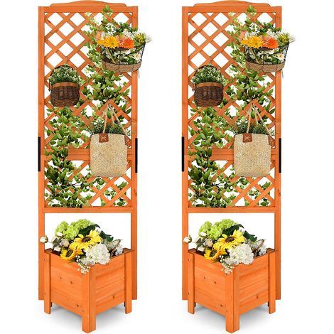 COSTWAY Set de 2 Jardinera con Enrejado, Cama de Jardín Elevada con Caja de Plantación, Orificio de Drenaje, Maceta de Madera de 180 cm, Contenedor de Plantas para Jardín Patio y Balcón (1/5)