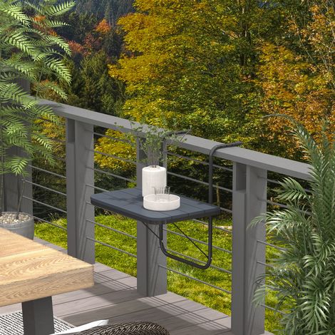 Tavolino da balcone sospeso, pieghevole, regolabile in altezza, struttura in alluminio, piano in plastica, effetto legno, nero