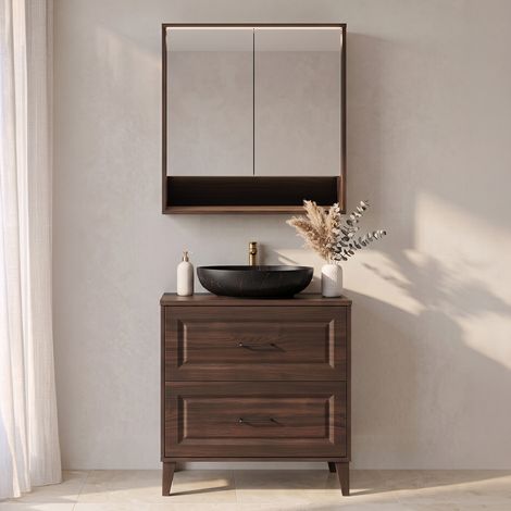 Waschtisch-Set Einzelwaschbecken 80 cm Spiegelschrank Moka Dunkles Holz (1/5)